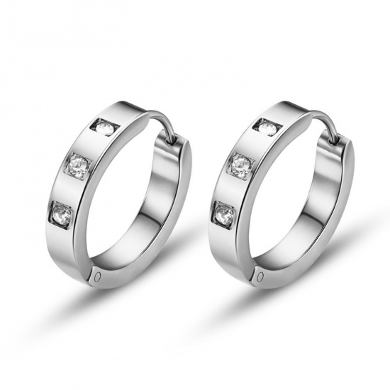 Изображение 1 Pair Stylish Exquisite Silver Tone 304 Stainless Steel & Rhinestone Hoop Earrings For Women Gift 20mm Dia.
