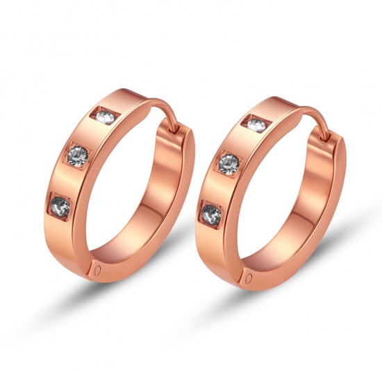 Изображение 1 Pair Stylish Exquisite Rose Gold 304 Stainless Steel & Rhinestone Hoop Earrings For Women Gift 20mm Dia.
