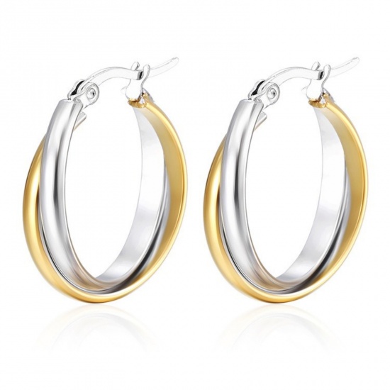 Изображение 1 Pair Stylish Exquisite Silver Tone & 18K Gold Plated 304 Stainless Steel Two Tone Hoop Earrings For Women Gift