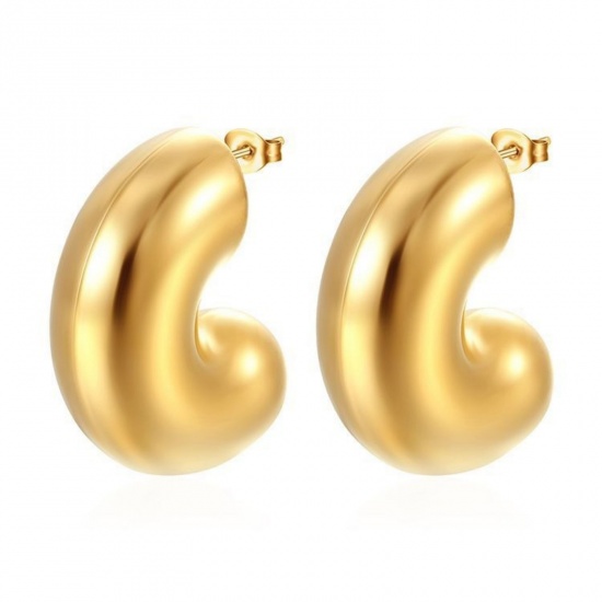 Bild von 1 Pair Stylish Exquisite 18K Gold Plated 304 Stainless Steel C Shaped Ear Post Stud Earrings For Women Gift 35mm x 29mm