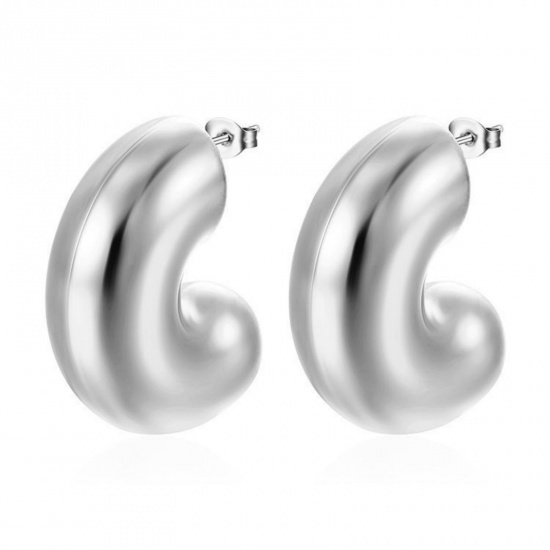 Bild von 1 Pair Stylish Exquisite Silver Tone 304 Stainless Steel C Shaped Ear Post Stud Earrings For Women Gift 35mm x 29mm