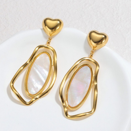 Picture of Wholesale Valentine's Day Dainty Earrings, Heart White 18K Gold Plated 304 Stainless Steel & Natural Shell, Women's Vacuum Plating Gift Jewelry Supply, 2.4cm x 6.1cm, 1 Pair