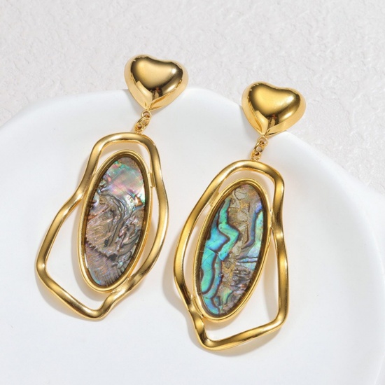 Picture of Wholesale Valentine's Day Dainty Earrings, Heart 18K Gold Plated 304 Stainless Steel & Natural Shell, Women's Vacuum Plating Gift Jewelry Supply, 2.4cm x 6.1cm, 1 Pair