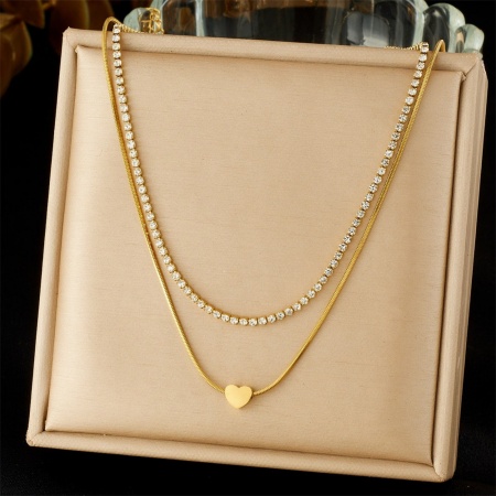Picture of Wholesale Heart Multilayer Pendant Charm Necklace, 18K Gold Plated 304 Stainless Steel & Rhinestone Women's Vacuum Plating Valentine's Day Stylish Gift Jewelry For Retailer, 39cm(15.4") + 6cm(2.4") long, 1 Piece