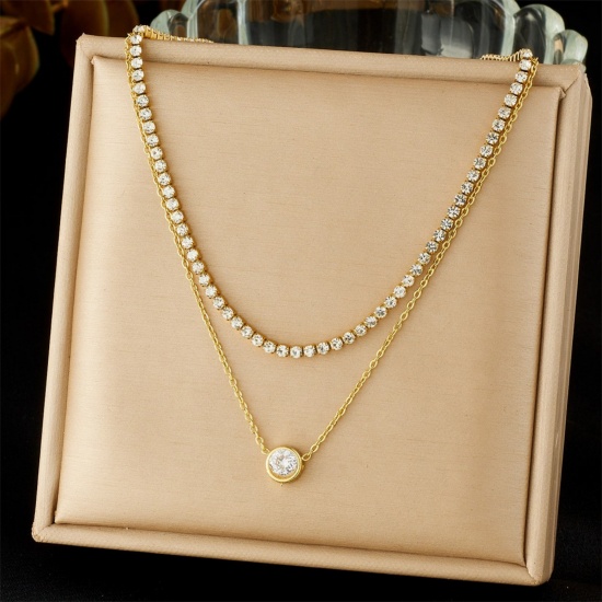 Picture of Wholesale Heart Multilayer Pendant Charm Necklace, 18K Gold Plated 304 Stainless Steel & Rhinestone Women's Vacuum Plating Valentine's Day Stylish Gift Jewelry For Retailer, 39cm(15.4") + 6cm(2.4") long, 1 Piece