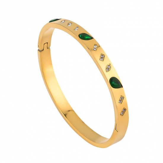 Picture of Wholesale Green Rhinestone 304 Stainless Steel Bangles Bracelets, 18K Gold Plated Vacuum Plating, Women's Stylish Retro Gift Jewelry Supply, 6cm Dia., 1 Piece