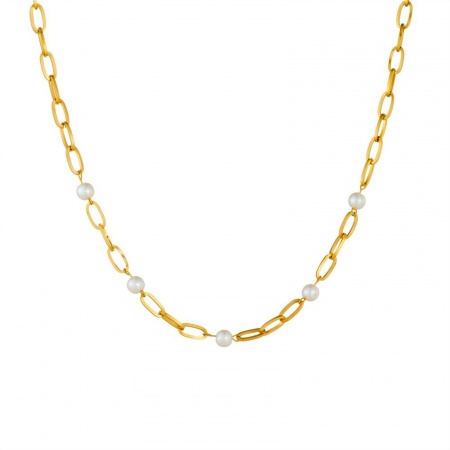 Immagine di Bianco Collana della Stazione All'Ingrosso, Catena a Cavo Placcato Oro 18K Acciaio Inossidabile 304 & Perla Naturale, Donne Ecologico Elegante Dolce & Carino Regalo Gioielli Per Rivenditore, 43.5cm + 8.3cm Lunghezza, 1 Pz