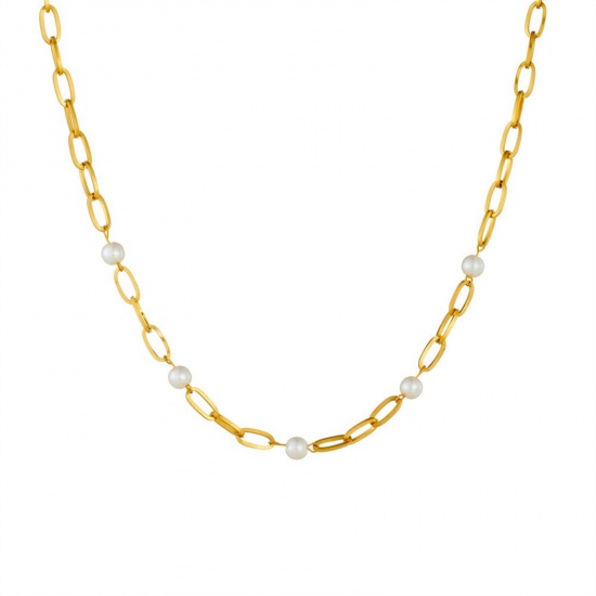 Immagine di Bianco Collana della Stazione All'Ingrosso, Catena a Cavo Placcato Oro 18K Acciaio Inossidabile 304 & Perla Naturale, Donne Ecologico Elegante Dolce & Carino Regalo Gioielli Per Rivenditore, 43.5cm + 8.3cm Lunghezza, 1 Pz