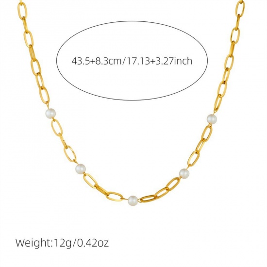 Immagine di Bianco Collana della Stazione All'Ingrosso, Catena a Cavo Placcato Oro 18K Acciaio Inossidabile 304 & Perla Naturale, Donne Ecologico Elegante Dolce & Carino Regalo Gioielli Per Rivenditore, 43.5cm + 8.3cm Lunghezza, 1 Pz