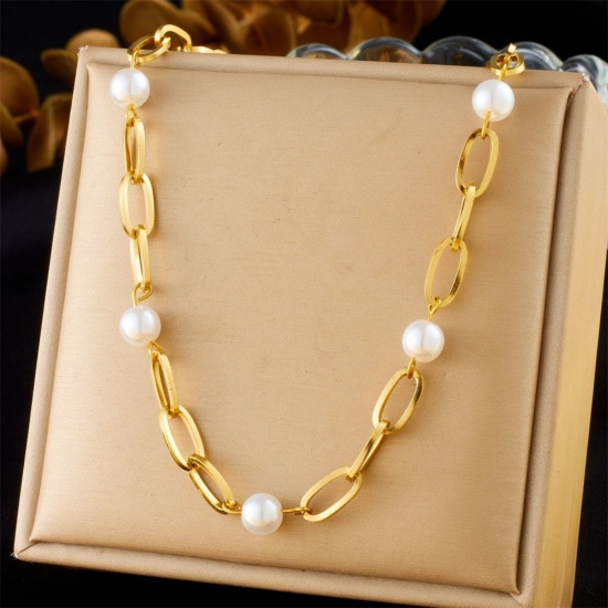 Immagine di Bianco Collana della Stazione All'Ingrosso, Catena a Cavo Placcato Oro 18K Acciaio Inossidabile 304 & Perla Naturale, Donne Ecologico Elegante Dolce & Carino Regalo Gioielli Per Rivenditore, 43.5cm + 8.3cm Lunghezza, 1 Pz