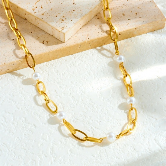 Immagine di Bianco Collana della Stazione All'Ingrosso, Catena a Cavo Placcato Oro 18K Acciaio Inossidabile 304 & Perla Naturale, Donne Ecologico Elegante Dolce & Carino Regalo Gioielli Per Rivenditore, 43.5cm + 8.3cm Lunghezza, 1 Pz