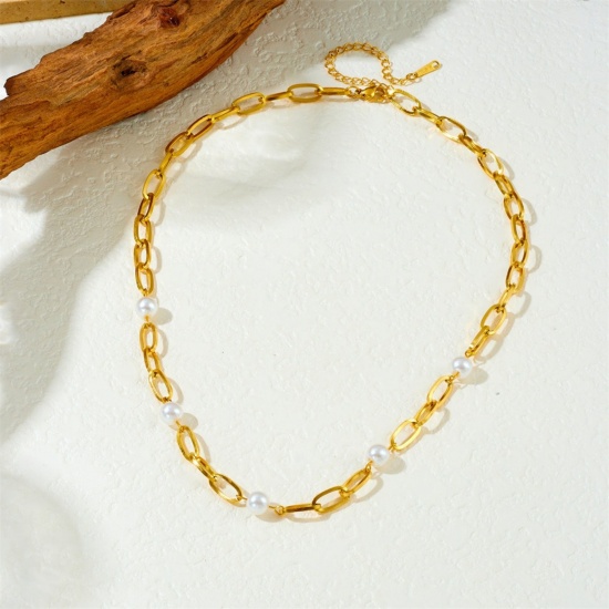 Immagine di Bianco Collana della Stazione All'Ingrosso, Catena a Cavo Placcato Oro 18K Acciaio Inossidabile 304 & Perla Naturale, Donne Ecologico Elegante Dolce & Carino Regalo Gioielli Per Rivenditore, 43.5cm + 8.3cm Lunghezza, 1 Pz