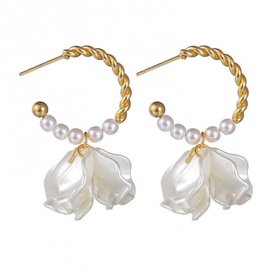 Picture of Wholesale Stylish Dainty Earrings, Flower White 18K Gold Plated 304 Stainless Steel & Natural Pearl, Women's Vacuum Plating Gift Jewelry Supply, 2.7cm x 4.5cm, 1 Pair