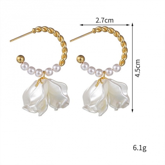 Picture of Wholesale Stylish Dainty Earrings, Flower White 18K Gold Plated 304 Stainless Steel & Natural Pearl, Women's Vacuum Plating Gift Jewelry Supply, 2.7cm x 4.5cm, 1 Pair
