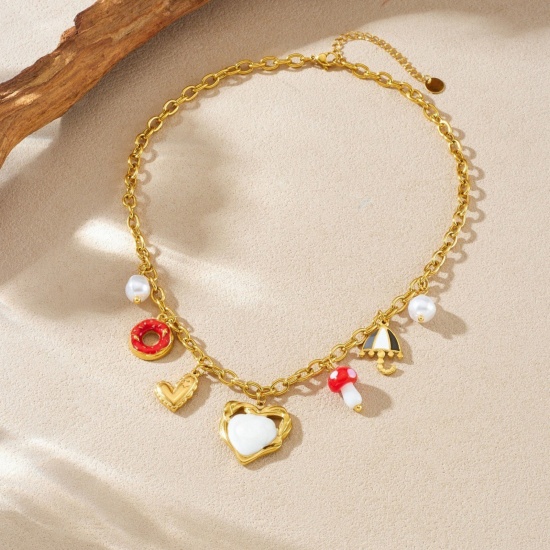 Imagen de Corazón Collar con Colgante Al Por Mayor, Chapado en Oro de 18K 304 Acero Inoxidable Mujeres Enchapado al Vacío día de San Valentín Elegante Regalo Joyería Para Minorista, 40cm + 6cm longitud, 1 Unidad