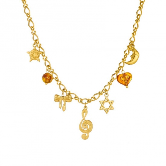 Picture of Wholesale Musical Note Pendant Charm Necklace, 18K Gold Plated 304 Stainless Steel Women's Vacuum Plating Exquisite Stylish Gift Jewelry For Retailer, 40cm(15.7") + 6cm(2.4") long, 1 Piece