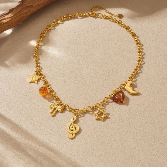 Picture of Wholesale Musical Note Pendant Charm Necklace, 18K Gold Plated 304 Stainless Steel Women's Vacuum Plating Exquisite Stylish Gift Jewelry For Retailer, 40cm(15.7") + 6cm(2.4") long, 1 Piece