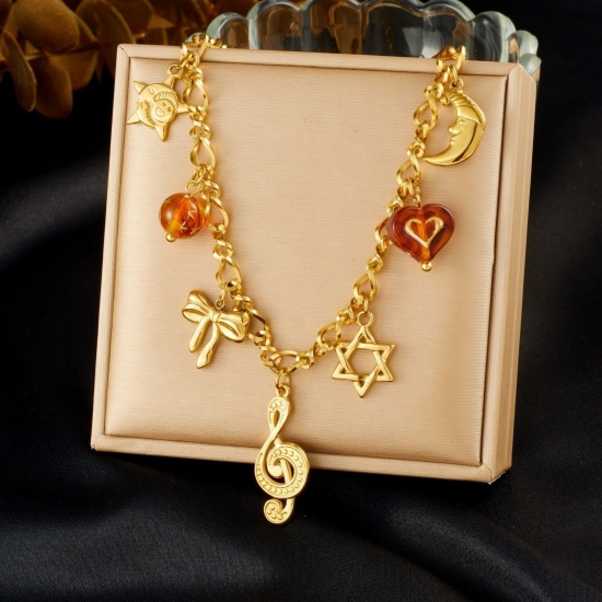 Picture of Wholesale Musical Note Pendant Charm Necklace, 18K Gold Plated 304 Stainless Steel Women's Vacuum Plating Exquisite Stylish Gift Jewelry For Retailer, 40cm(15.7") + 6cm(2.4") long, 1 Piece