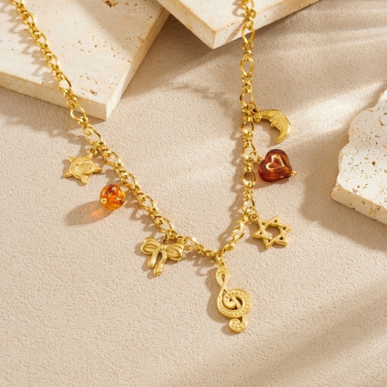 Picture of Wholesale Musical Note Pendant Charm Necklace, 18K Gold Plated 304 Stainless Steel Women's Vacuum Plating Exquisite Stylish Gift Jewelry For Retailer, 40cm(15.7") + 6cm(2.4") long, 1 Piece
