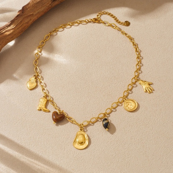 Picture of Wholesale Boots Pendant Charm Necklace, 18K Gold Plated 304 Stainless Steel Women's Vacuum Plating West Cowboy Stylish Gift Jewelry For Retailer, 40cm(15.7") + 6cm(2.4") long, 1 Piece