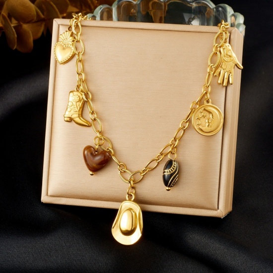 Picture of Wholesale Boots Pendant Charm Necklace, 18K Gold Plated 304 Stainless Steel Women's Vacuum Plating West Cowboy Stylish Gift Jewelry For Retailer, 40cm(15.7") + 6cm(2.4") long, 1 Piece