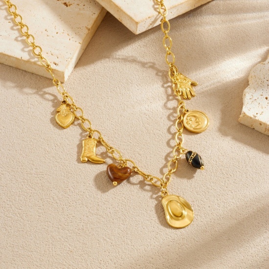 Picture of Wholesale Boots Pendant Charm Necklace, 18K Gold Plated 304 Stainless Steel Women's Vacuum Plating West Cowboy Stylish Gift Jewelry For Retailer, 40cm(15.7") + 6cm(2.4") long, 1 Piece
