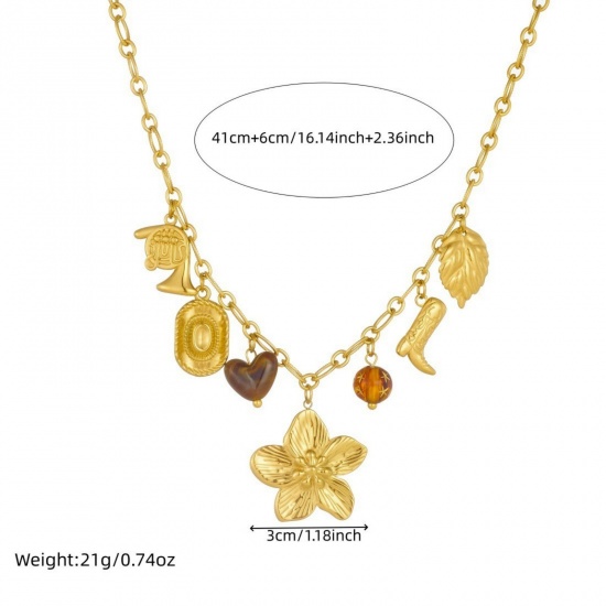 Picture of Wholesale Flower Pendant Charm Necklace, 18K Gold Plated 304 Stainless Steel Women's Vacuum Plating Exquisite Stylish Gift Jewelry For Retailer, 40cm(15.7") + 6cm(2.4") long, 1 Piece
