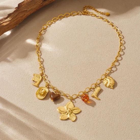Picture of Wholesale Flower Pendant Charm Necklace, 18K Gold Plated 304 Stainless Steel Women's Vacuum Plating Exquisite Stylish Gift Jewelry For Retailer, 40cm(15.7") + 6cm(2.4") long, 1 Piece