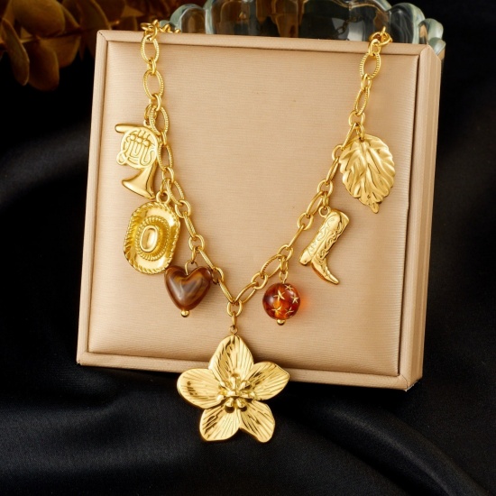 Picture of Wholesale Flower Pendant Charm Necklace, 18K Gold Plated 304 Stainless Steel Women's Vacuum Plating Exquisite Stylish Gift Jewelry For Retailer, 40cm(15.7") + 6cm(2.4") long, 1 Piece