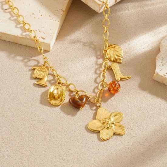 Picture of Wholesale Flower Pendant Charm Necklace, 18K Gold Plated 304 Stainless Steel Women's Vacuum Plating Exquisite Stylish Gift Jewelry For Retailer, 40cm(15.7") + 6cm(2.4") long, 1 Piece