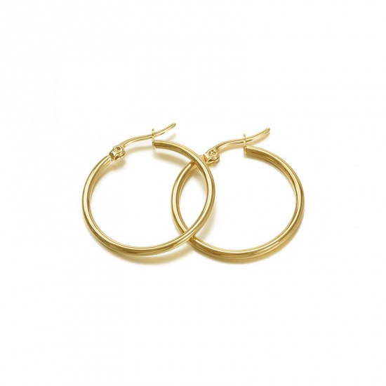 Picture of Wholesale Exquisite Stylish Hoop Earrings, 18K Gold Plated 201 Stainless Steel, Women's Vacuum Plating Gift Jewelry Supply, 25mm Dia., 2 PCs