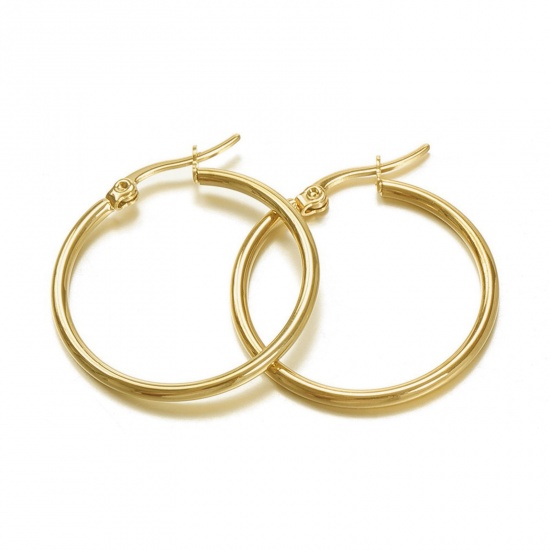 Picture of Wholesale Exquisite Stylish Hoop Earrings, 18K Gold Plated 201 Stainless Steel, Women's Vacuum Plating Gift Jewelry Supply, 7cm Dia., 2 PCs