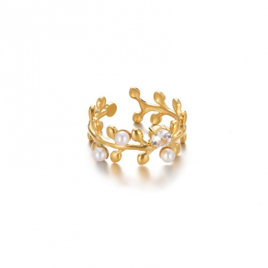 Picture of Wholesale Women's Gift Leaf Transparent Clear Imitation Pearl Open Rings, 18K Gold Plated 304 Stainless Steel & Cubic Zirconia, Vacuum Plating Exquisite Stylish Jewelry Supply, 18mm(US Size 7.75), 1 Piece