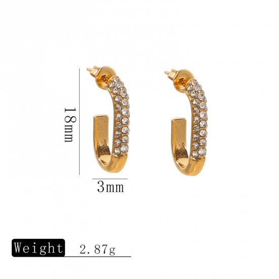 Picture of Wholesale Exquisite Stylish Ear Post Stud Earrings, Clear Rhinestone 18K Gold Plated 304 Stainless Steel, Unisex Vacuum Plating Gift Jewelry Supply, 18mm x 3mm, 1 Pair