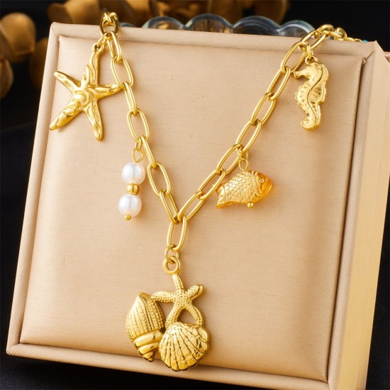 Immagine di Conchiglia Collana con Ciondolo All'Ingrosso, Placcato Oro 18K 304 Acciaio Inossidabile Donne Placcatura Sottovuoto Gioielli Oceanici Elegante Regalo Gioielli Per Rivenditore, 40cm + 6cm Lunghezza, 1 Pz