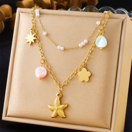 Immagine di Stella di Mare Collana con Ciondolo All'Ingrosso, Placcato Oro 18K 304 Acciaio Inossidabile Donne Placcatura Sottovuoto Gioielli Oceanici Elegante Regalo Gioielli Per Rivenditore, 40cm + 6cm Lunghezza, 1 Pz