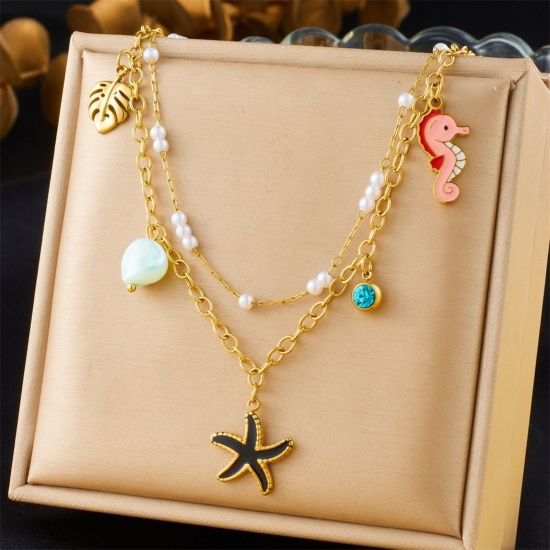 Immagine di Stella di Mare Collana con Ciondolo All'Ingrosso, Placcato Oro 18K 304 Acciaio Inossidabile Donne Placcatura Sottovuoto Gioielli Oceanici Elegante Regalo Gioielli Per Rivenditore, 40cm + 6cm Lunghezza, 1 Pz