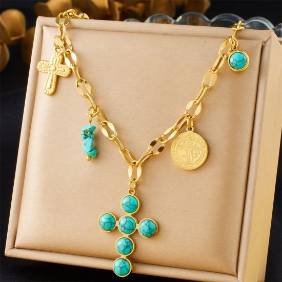 Immagine di Croce Collana con Ciondolo All'Ingrosso, Placcato Oro 18K 304 Acciaio Inossidabile Donne Placcatura Sottovuoto Religione Elegante Regalo Gioielli Per Rivenditore, 40cm + 6cm Lunghezza, 1 Pz