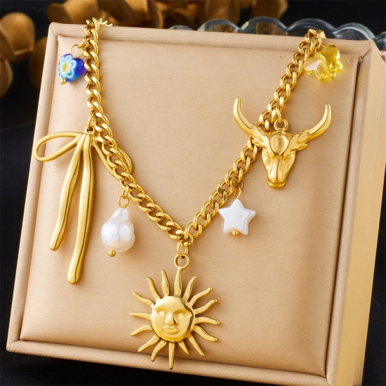 Immagine di Sole Collana con Ciondolo All'Ingrosso, Placcato Oro 18K 304 Acciaio Inossidabile Donne Placcatura Sottovuoto Squisito Elegante Regalo Gioielli Per Rivenditore, 40cm + 6cm Lunghezza, 1 Pz