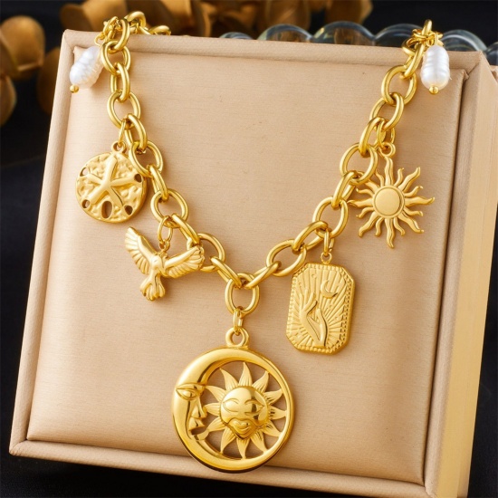 Immagine di Sole Collana con Ciondolo All'Ingrosso, Placcato Oro 18K 304 Acciaio Inossidabile Donne Placcatura Sottovuoto Squisito Elegante Regalo Gioielli Per Rivenditore, 40cm + 6cm Lunghezza, 1 Pz