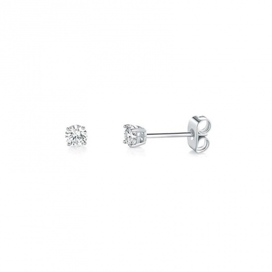 Picture of Wholesale Exquisite Stylish Ear Post Stud Earrings, Clear Cubic Zirconia Silver Tone 304 Stainless Steel, Unisex Eco-friendly Gift Jewelry Supply, 3mm Dia., 2 PCs