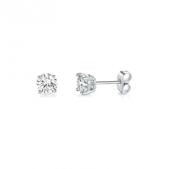 Picture of Wholesale Exquisite Stylish Ear Post Stud Earrings, Clear Cubic Zirconia Silver Tone 304 Stainless Steel, Unisex Eco-friendly Gift Jewelry Supply, 6mm Dia., 2 PCs
