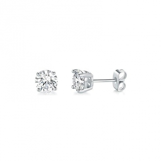 Picture of Wholesale Exquisite Stylish Ear Post Stud Earrings, Clear Cubic Zirconia Silver Tone 304 Stainless Steel, Unisex Eco-friendly Gift Jewelry Supply, 7mm Dia., 2 PCs