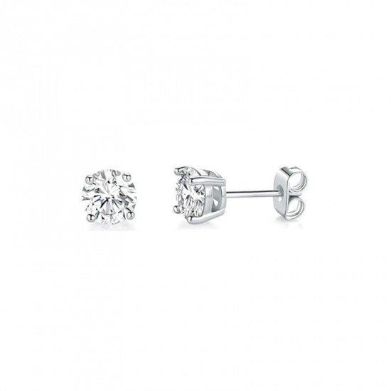 Picture of Wholesale Exquisite Stylish Ear Post Stud Earrings, Clear Cubic Zirconia Silver Tone 304 Stainless Steel, Unisex Eco-friendly Gift Jewelry Supply, 8mm Dia., 2 PCs