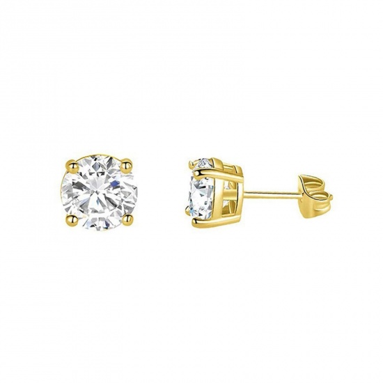 Picture of Wholesale Exquisite Stylish Ear Post Stud Earrings, Clear Cubic Zirconia 14K Gold Plated 304 Stainless Steel, Unisex Eco-friendly Gift Jewelry Supply, 8mm Dia., 2 PCs
