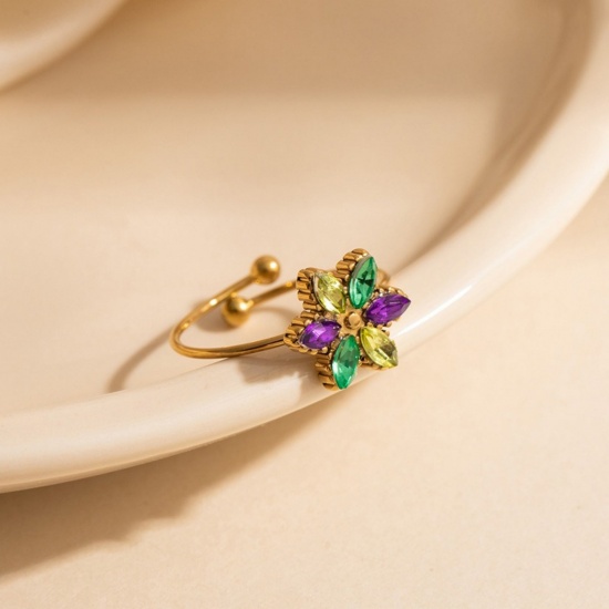 Picture of Wholesale Women's Gift Flower Multicolor Open Rings, 18K Gold Plated 201 Stainless Steel, Eco-friendly Exquisite Stylish Jewelry Supply, 20.6mm(US Size 11), 1 Piece