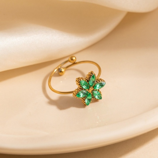 Picture of Wholesale Women's Gift Flower Green Open Rings, 18K Gold Plated 201 Stainless Steel, Eco-friendly Exquisite Stylish Jewelry Supply, 20.6mm(US Size 11), 1 Piece