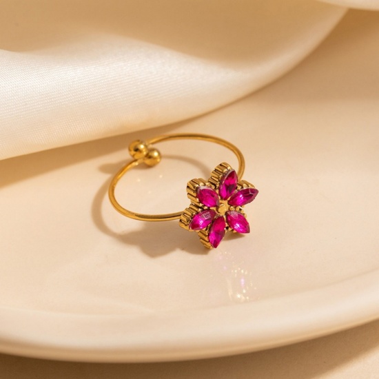 Picture of Wholesale Women's Gift Flower Fuchsia Open Rings, 18K Gold Plated 201 Stainless Steel, Eco-friendly Exquisite Stylish Jewelry Supply, 20.6mm(US Size 11), 1 Piece