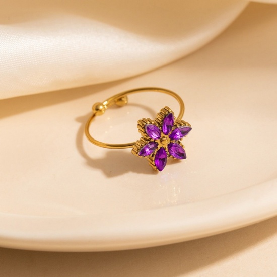 Picture of Wholesale Women's Gift Flower Purple Open Rings, 18K Gold Plated 201 Stainless Steel, Eco-friendly Exquisite Stylish Jewelry Supply, 20.6mm(US Size 11), 1 Piece