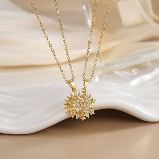 Picture of Wholesale Sun & Moon Magnetic Pendant Charm Necklace, 18K Real Gold Plated 304 Stainless Steel & Brass Women's Eco-friendly PVD Vacuum Plating Waterproof Anti-Tarnish Hypoallergenic Valentine's Day Stylish Gift Jewelry For Retailer, 40cm(15.7") + 5cm(2") long, 1 Set ( 2 PCs/Set)